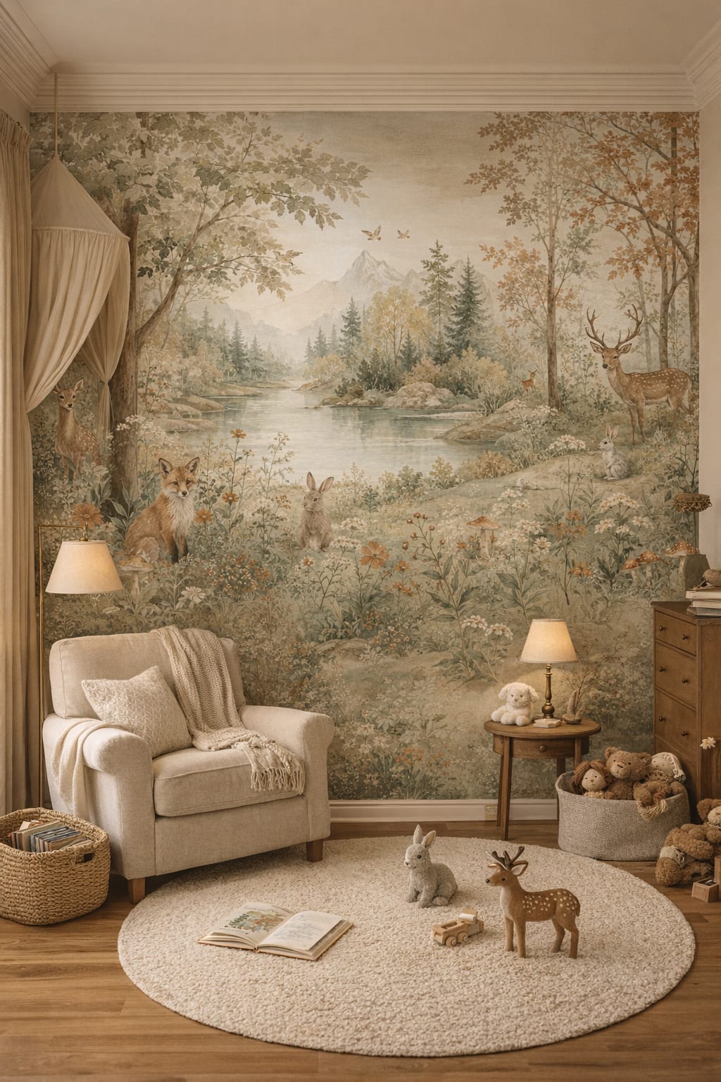 Storybook sage woodland animals featuring river - Wall Mural Peel and Stick Wallpaper for Classic Storybook Reading Corner.