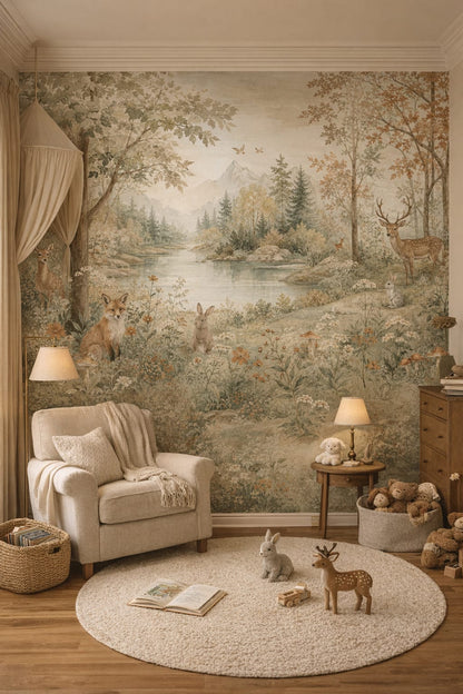 Storybook sage woodland animals featuring river - Wall Mural Peel and Stick Wallpaper for Classic Storybook Reading Corner.