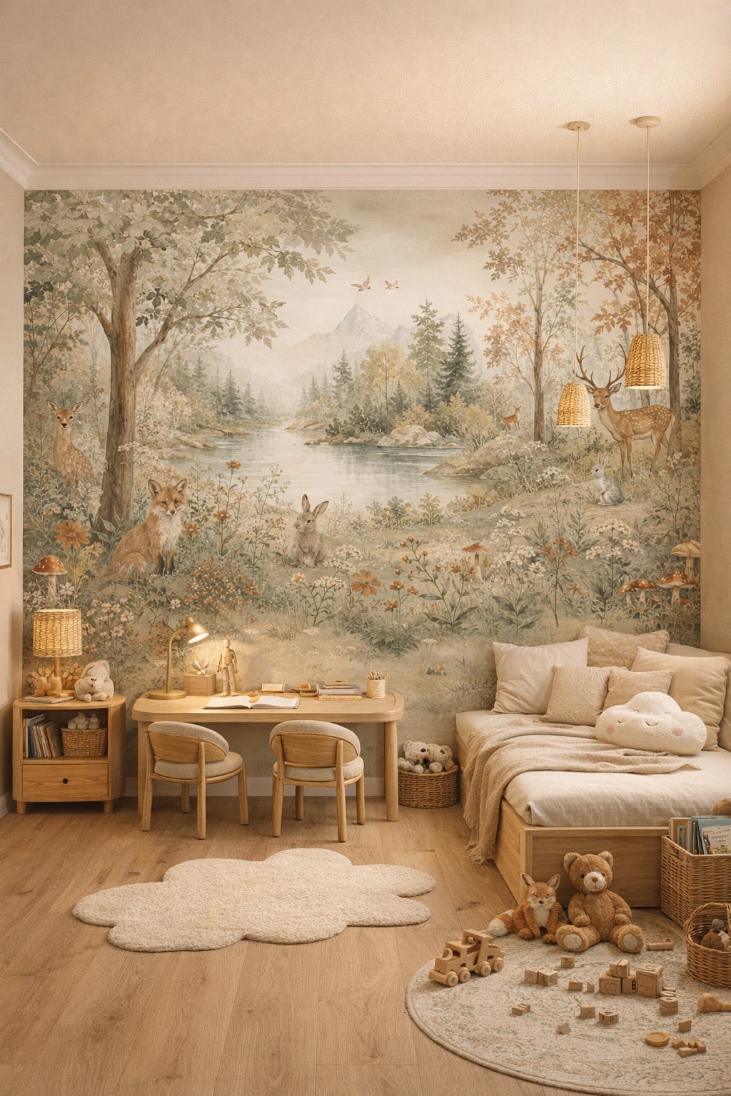Modern neutral woodland animals featuring river - Wall Mural Peel and Stick Wallpaper for Modern Montessori Homework / Study Corner.