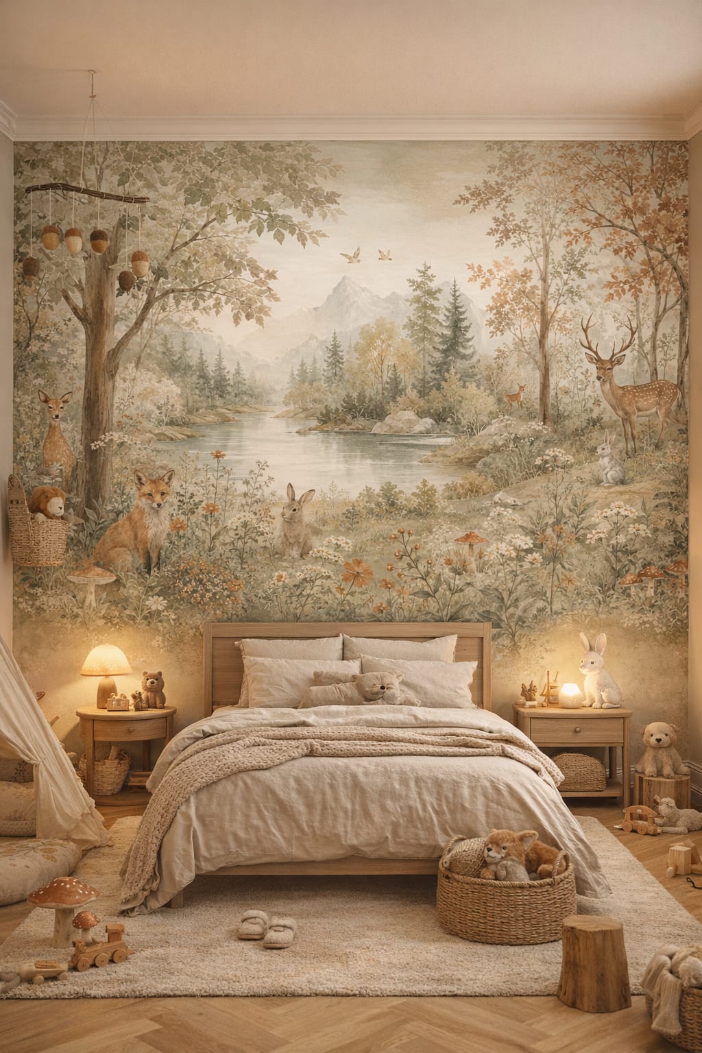 Cream forest woodland animals featuring river - Wall Mural Peel and Stick Wallpaper for Woodland / Forest Kids Bedroom.