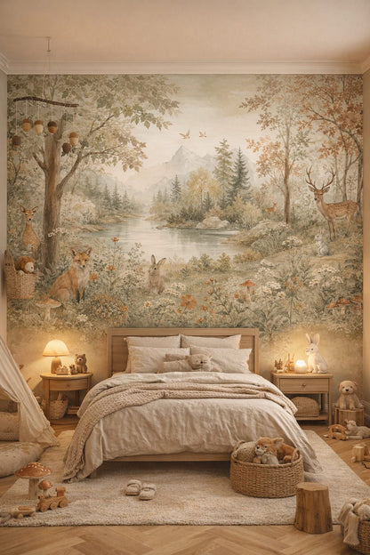 Cream forest woodland animals featuring river - Wall Mural Peel and Stick Wallpaper for Woodland / Forest Kids Bedroom.