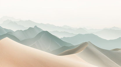 Serene minimalist Soft Sage misty mountain landscape featuring sand dunes and layered hills - Wall Mural & Peel and Stick Wallpaper for Minimalist Interiors and Premium Home Styling
