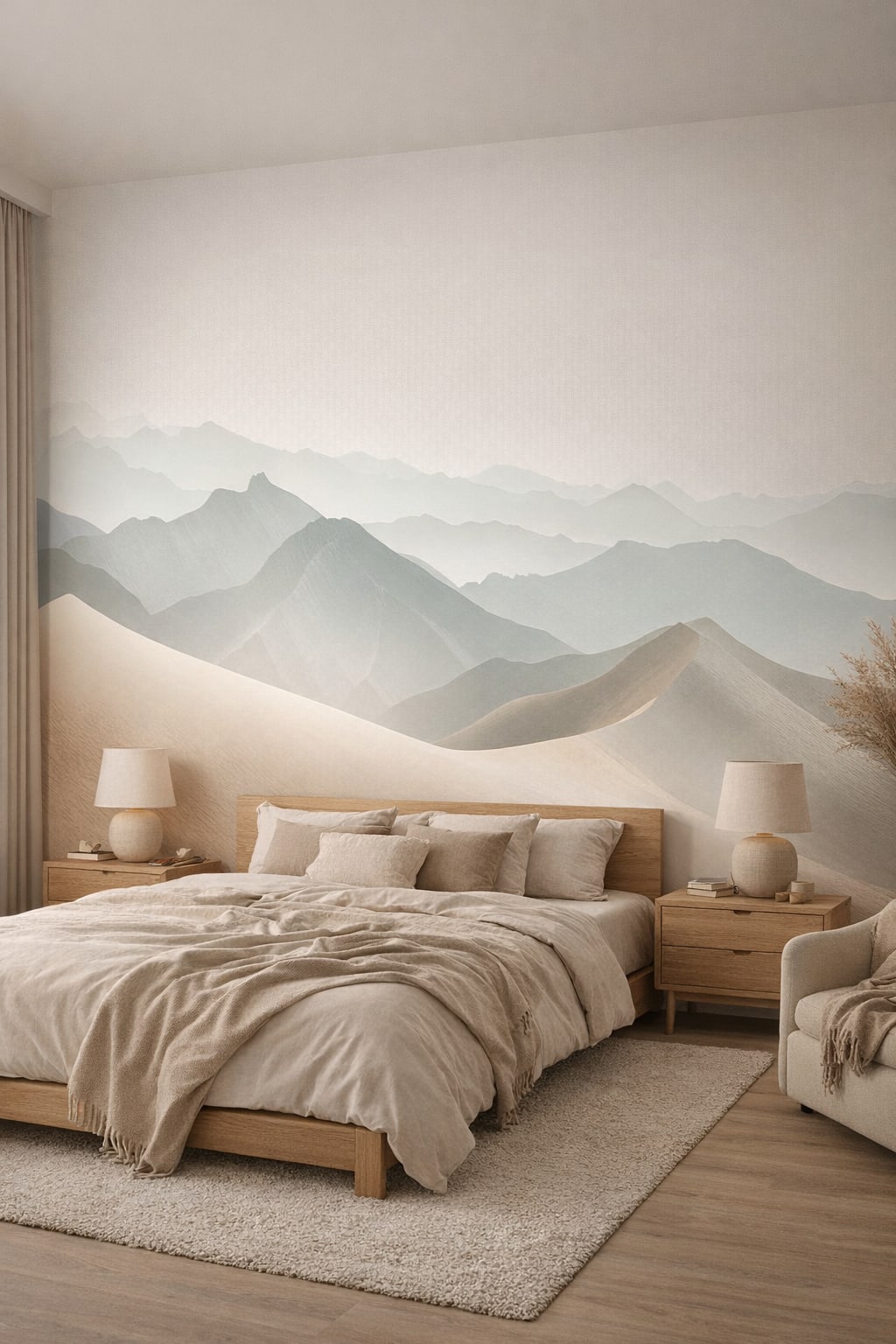 Sand-toned Japandi misty mountain landscape featuring layered hills - Wall Mural Peel and Stick Wallpaper for Japandi Master Bedroom.