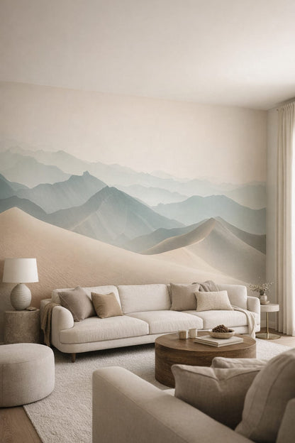 Cream Organic Modern misty mountain landscape featuring sand dunes - Wall Mural Peel and Stick Wallpaper for Organic Modern Living Room.