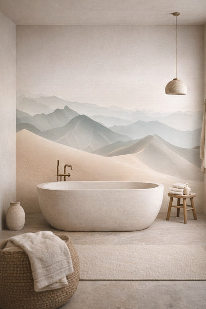 Wabi-sabi earth-toned misty mountain landscape featuring sand dunes - Wall Mural Peel and Stick Wallpaper for Wabi-sabi Luxury Bathroom.