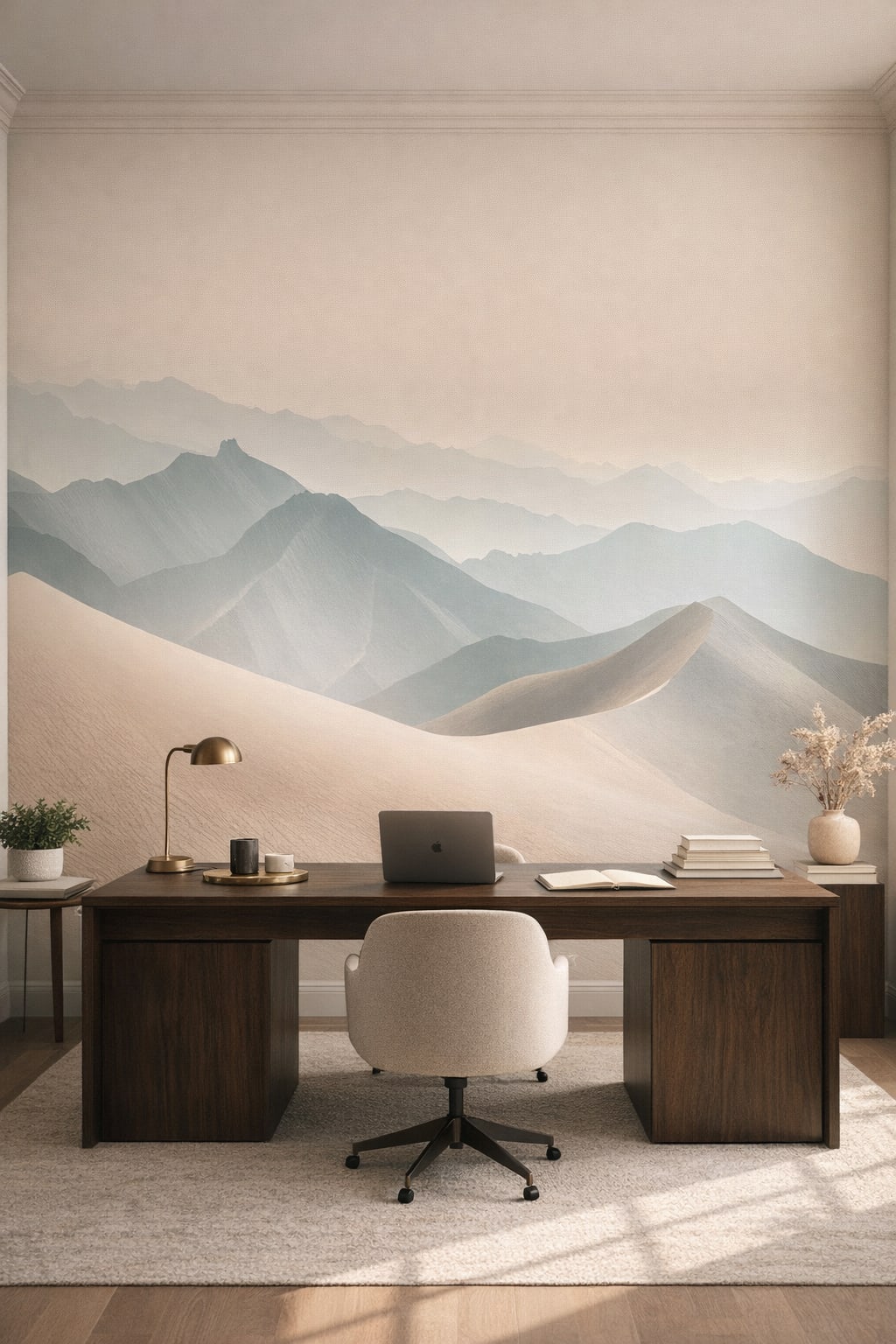 Minimalist beige misty mountain landscape featuring layered hills - Wall Mural Peel and Stick Wallpaper for Minimalist Executive Home Office.
