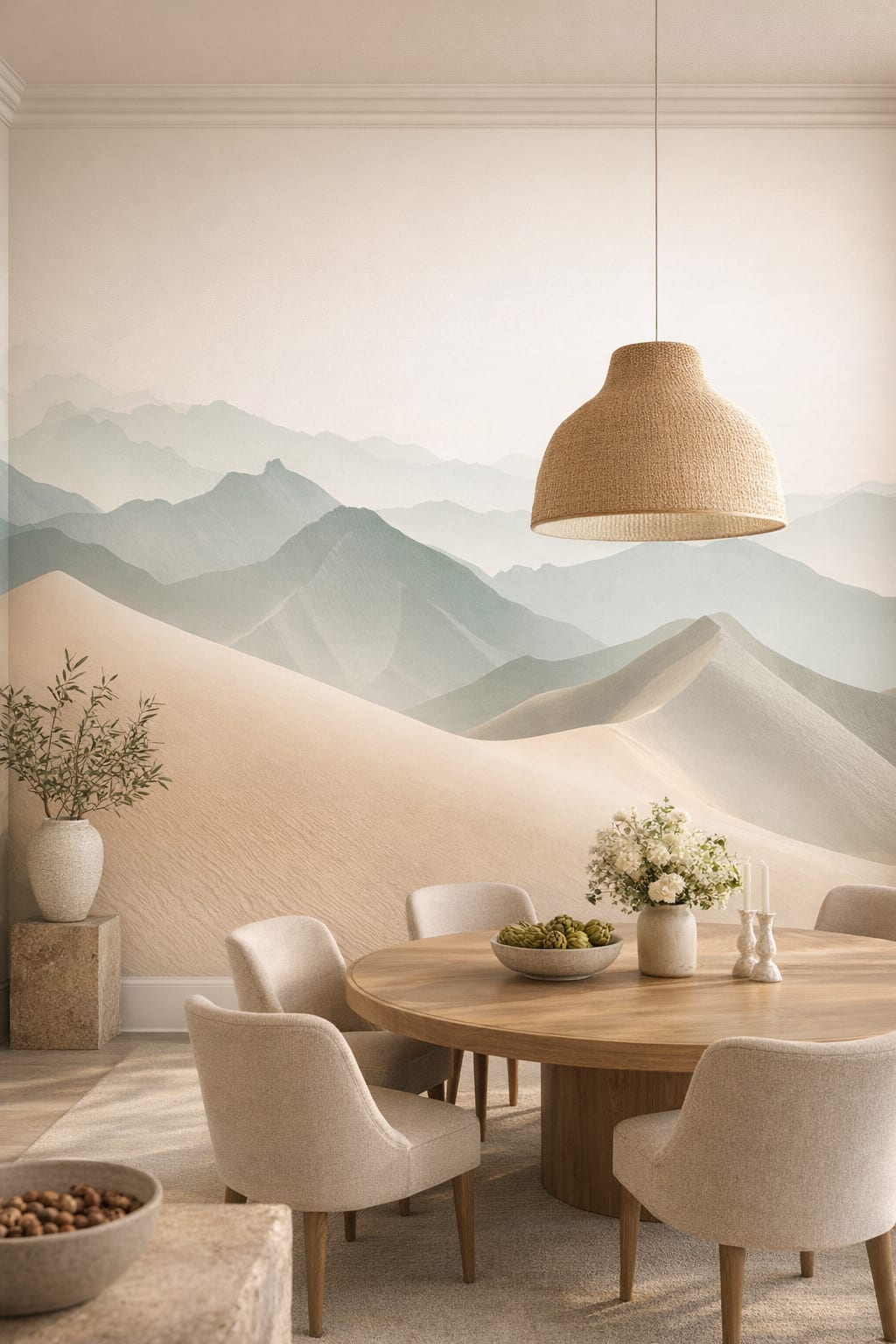 Mediterranean Modern sand-toned misty mountain landscape featuring sand dunes - Wall Mural Peel and Stick Wallpaper for Mediterranean Modern Formal Dining Room.