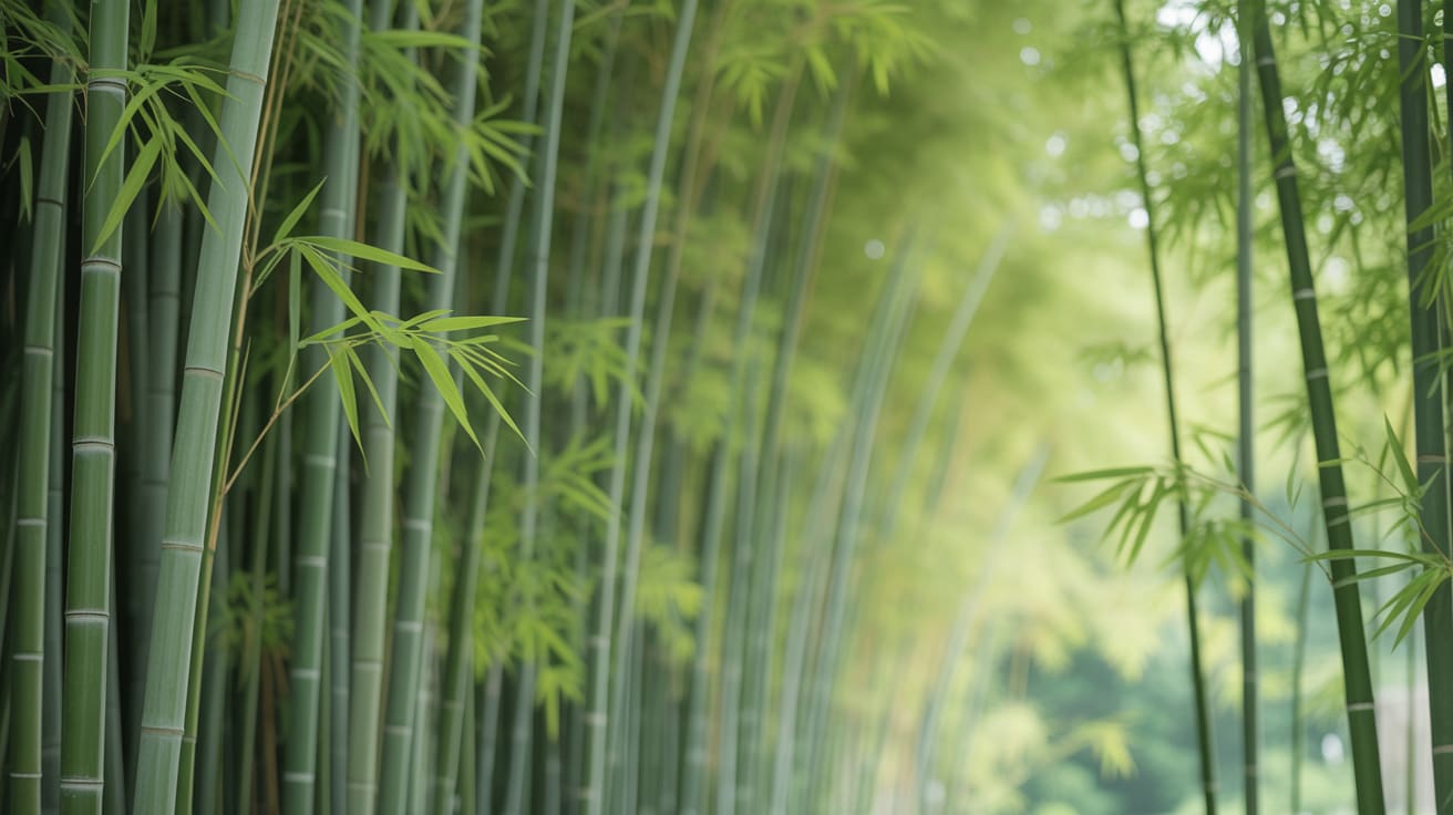 Serene airy Green bamboo grove featuring bamboo leaves and a misty forest - Wall Mural & Peel and Stick Wallpaper for Minimalist Interiors and Premium Home Styling.