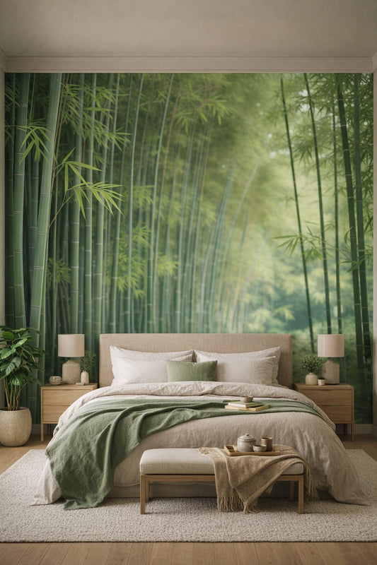 Zen neutral bamboo grove featuring misty forest - Wall Mural Peel and Stick Wallpaper for Zen Master Bedroom.