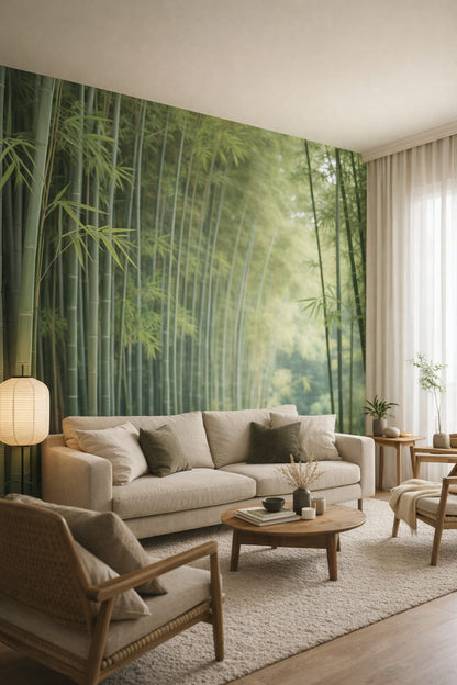 Japandi sand-toned bamboo grove featuring misty forest - Wall Mural Peel and Stick Wallpaper for Japandi Living Room.