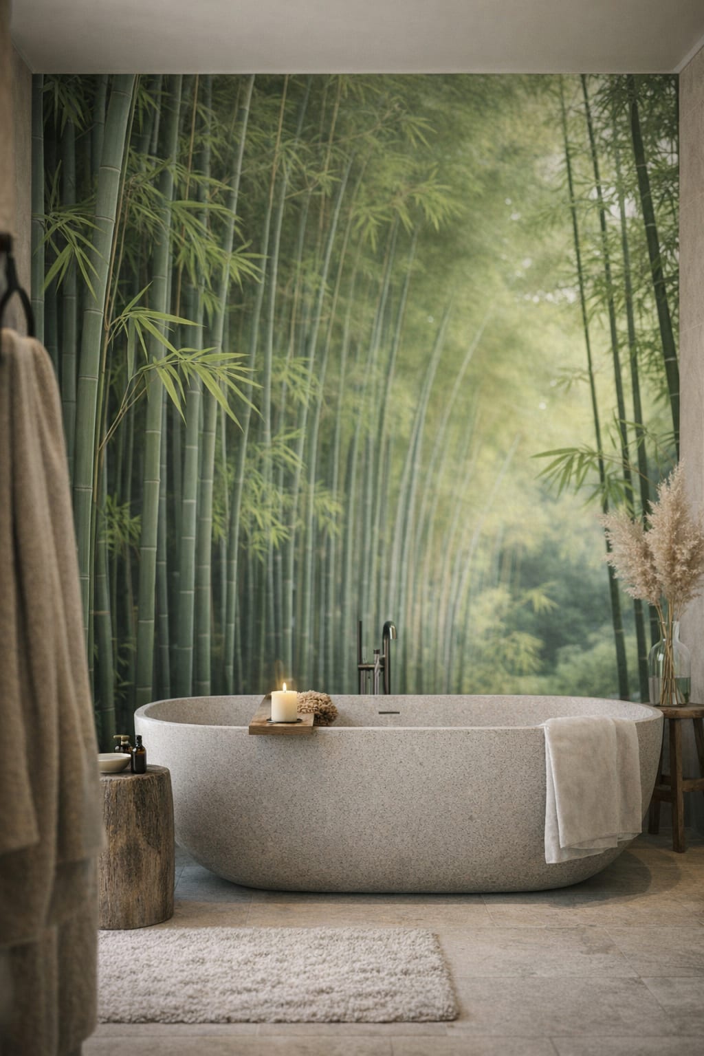 Wabi-sabi muted-earth bamboo grove featuring misty forest - Wall Mural Peel and Stick Wallpaper for Wabi-sabi Luxury Bathroom.