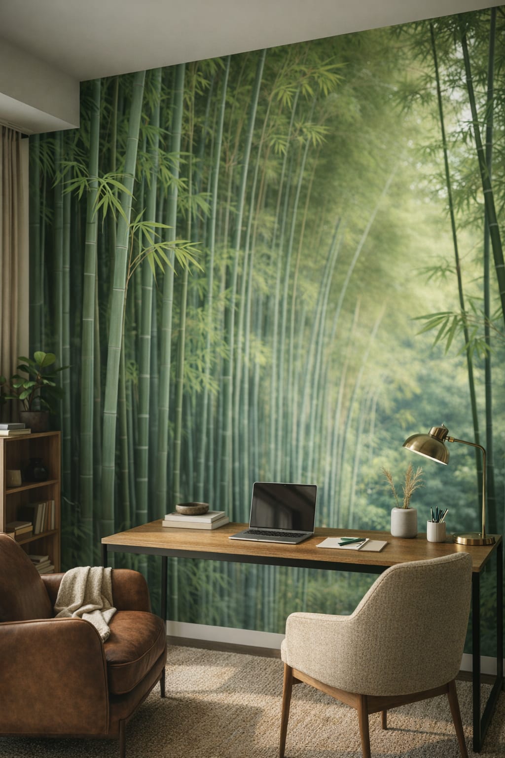 Organic Modern olive bamboo grove featuring misty forest - Wall Mural Peel and Stick Wallpaper for Organic Modern Executive Home Office.