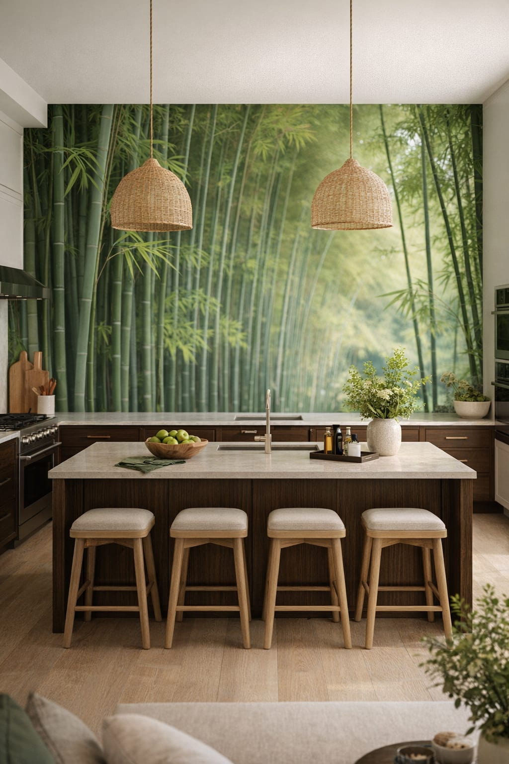 Green-neutral biophilic bamboo grove featuring misty forest - Wall Mural Peel and Stick Wallpaper for Biophilic Design High-end Kitchen.