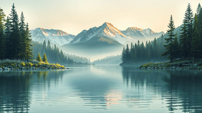 Atmospheric Painterly Teal mountain lake featuring pine forest and mist - Wall Mural & Peel and Stick Wallpaper for Painterly Interiors and Premium Home Styling