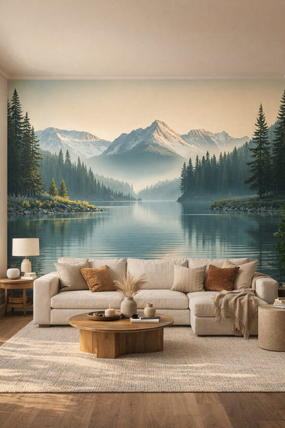 Organic Modern sand-toned mountain lake featuring mist - Wall Mural Peel and Stick Wallpaper for Organic Modern Living Room.