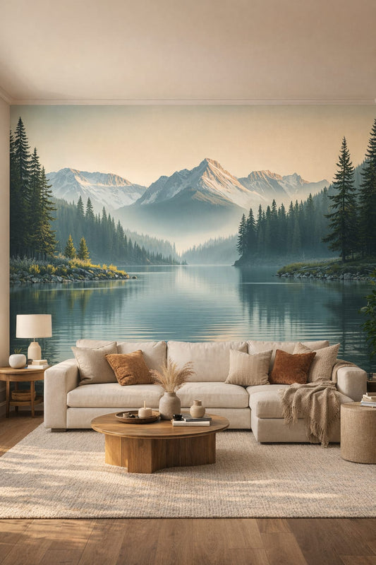 Organic Modern sand-toned mountain lake featuring mist - Wall Mural Peel and Stick Wallpaper for Organic Modern Living Room.