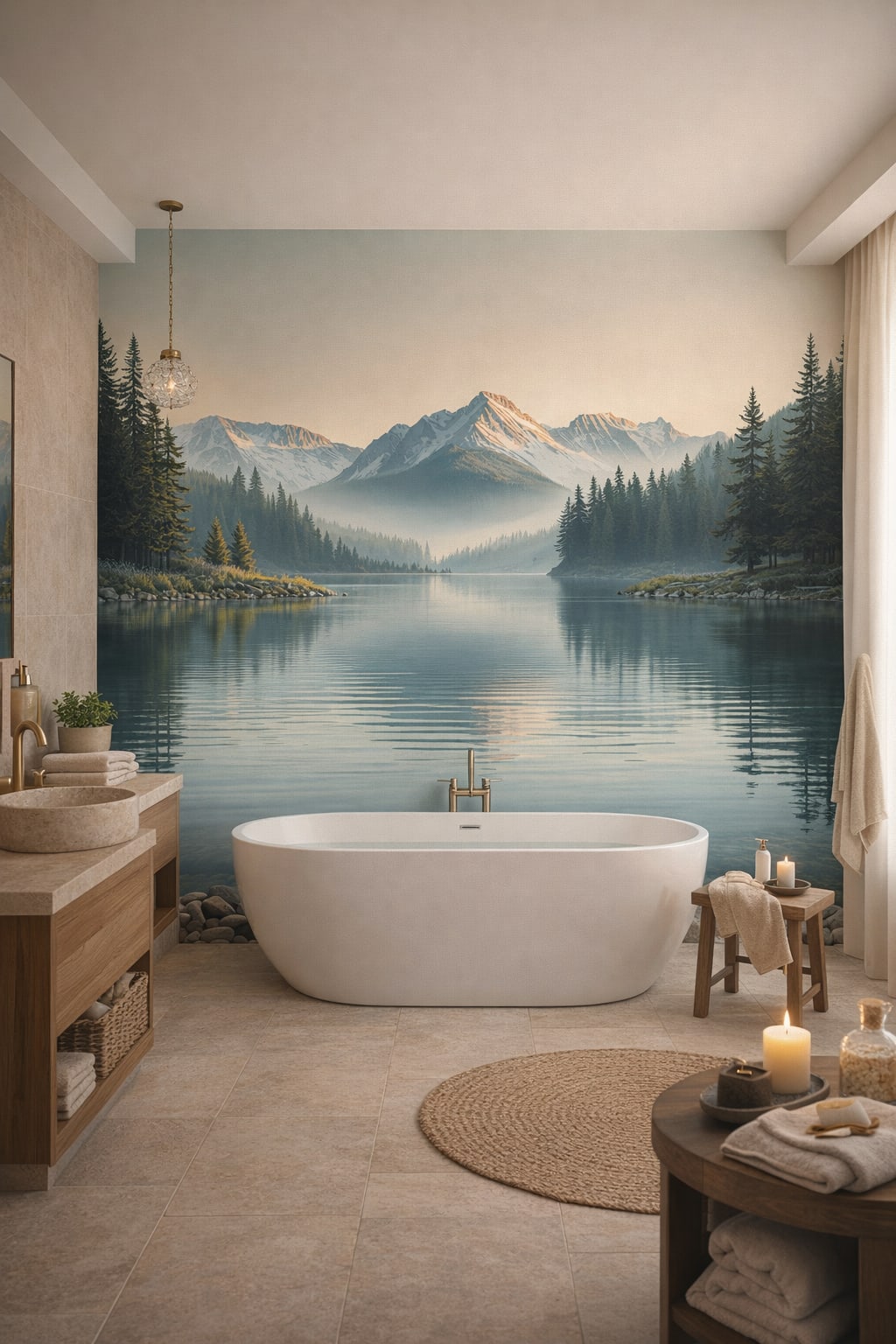 Zen neutral mountain lake featuring mist - Wall Mural Peel and Stick Wallpaper for Zen Luxury Bathroom.
