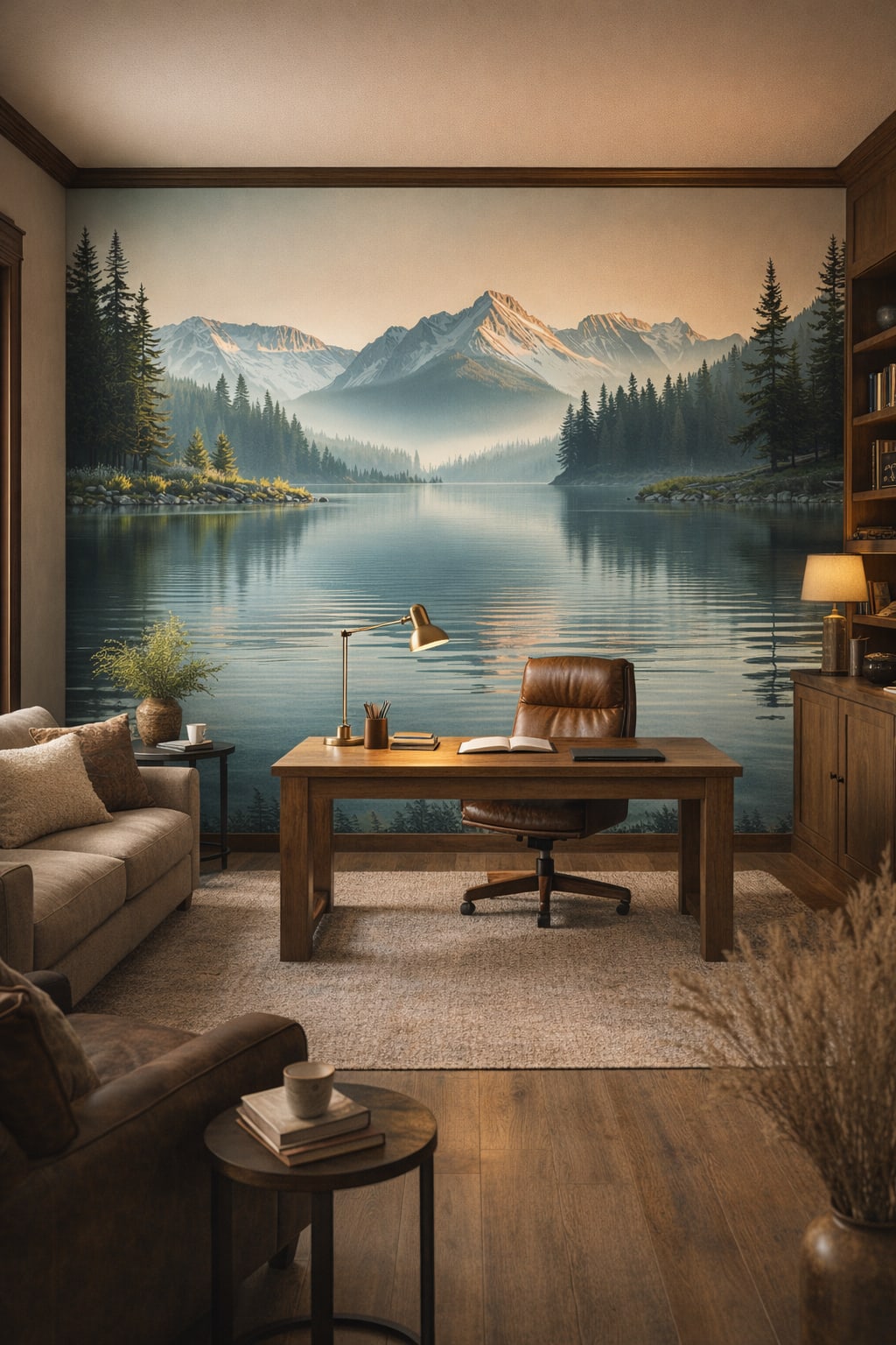 Rustic Modern sand-toned mountain lake featuring mist - Wall Mural Peel and Stick Wallpaper for Rustic Modern Executive Home Office.