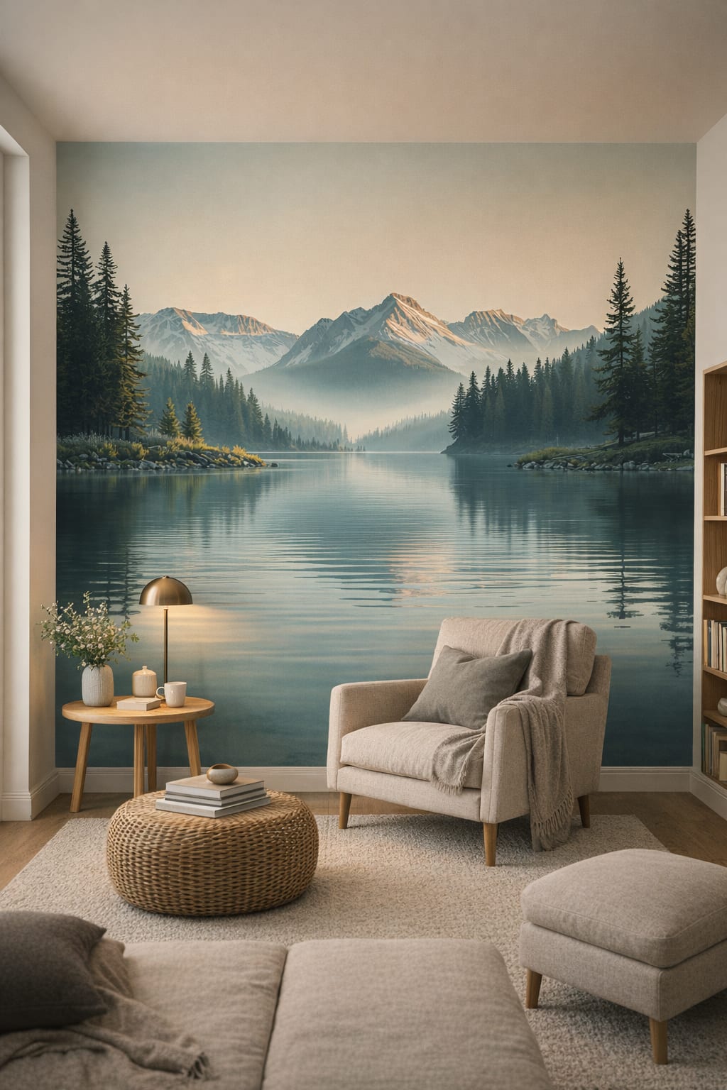 New Nordic taupe mountain lake featuring mist - Wall Mural Peel and Stick Wallpaper for New Nordic Reading Corner.