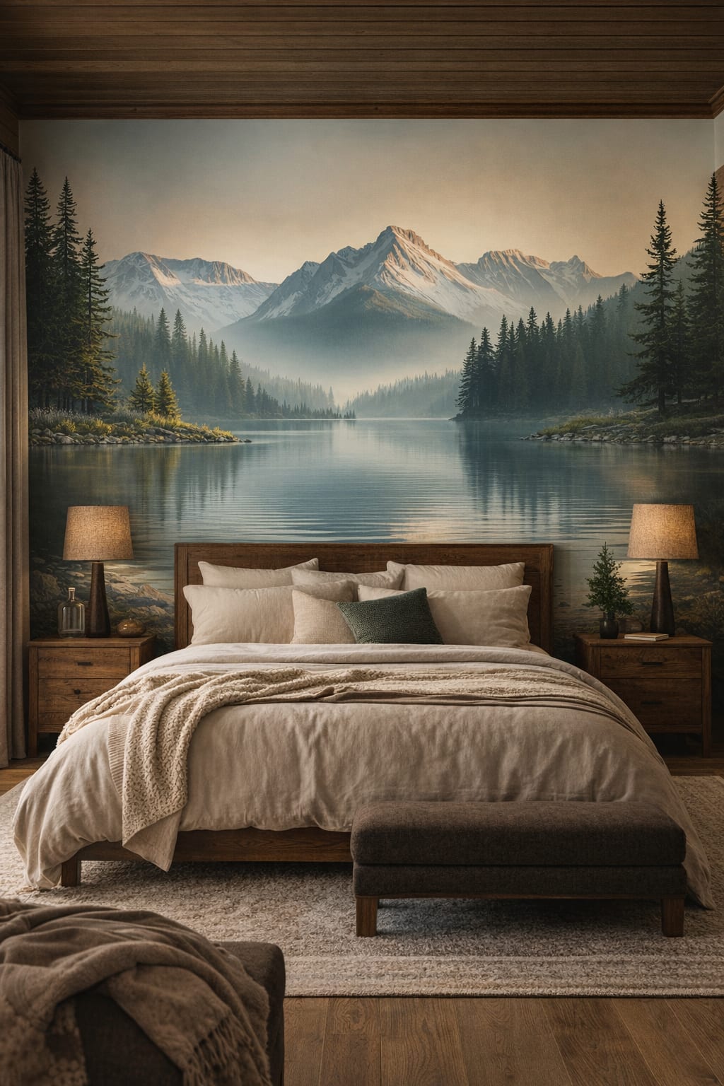 Cream Chalet mountain lake featuring mist - Wall Mural Peel and Stick Wallpaper for Alpine / Chalet Master Bedroom.