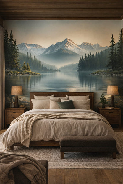Cream Chalet mountain lake featuring mist - Wall Mural Peel and Stick Wallpaper for Alpine / Chalet Master Bedroom.