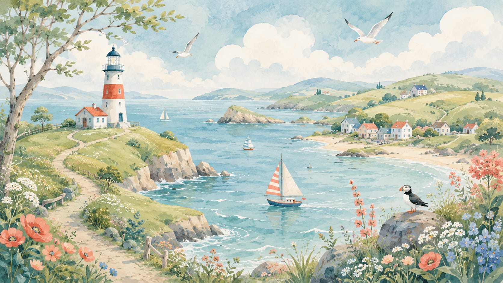 Painterly airy Sky Blue lighthouse featuring coastal village and sailboats - Wall Mural & Peel and Stick Wallpaper for Watercolor Interiors and Premium Home Styling