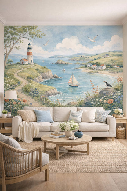 Blue sand lighthouse featuring coastal village - Wall Mural Peel and Stick Wallpaper for Coastal Living Room.