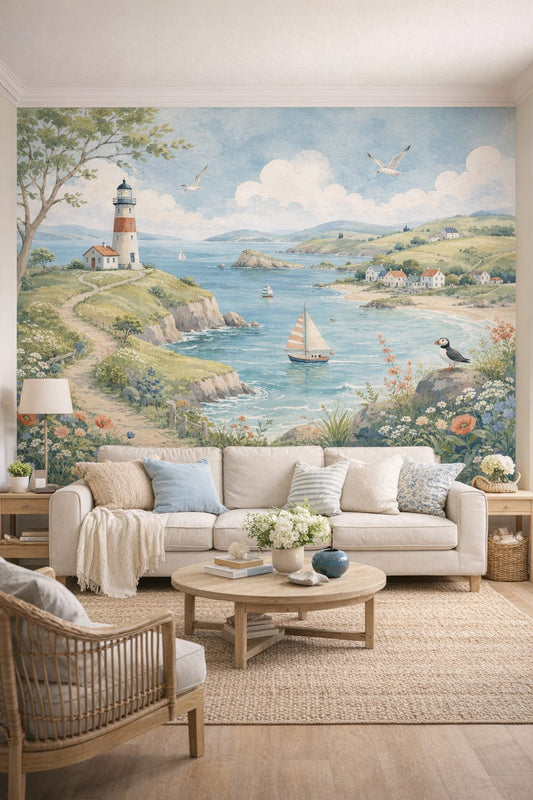 Blue sand lighthouse featuring coastal village - Wall Mural Peel and Stick Wallpaper for Coastal Living Room.
