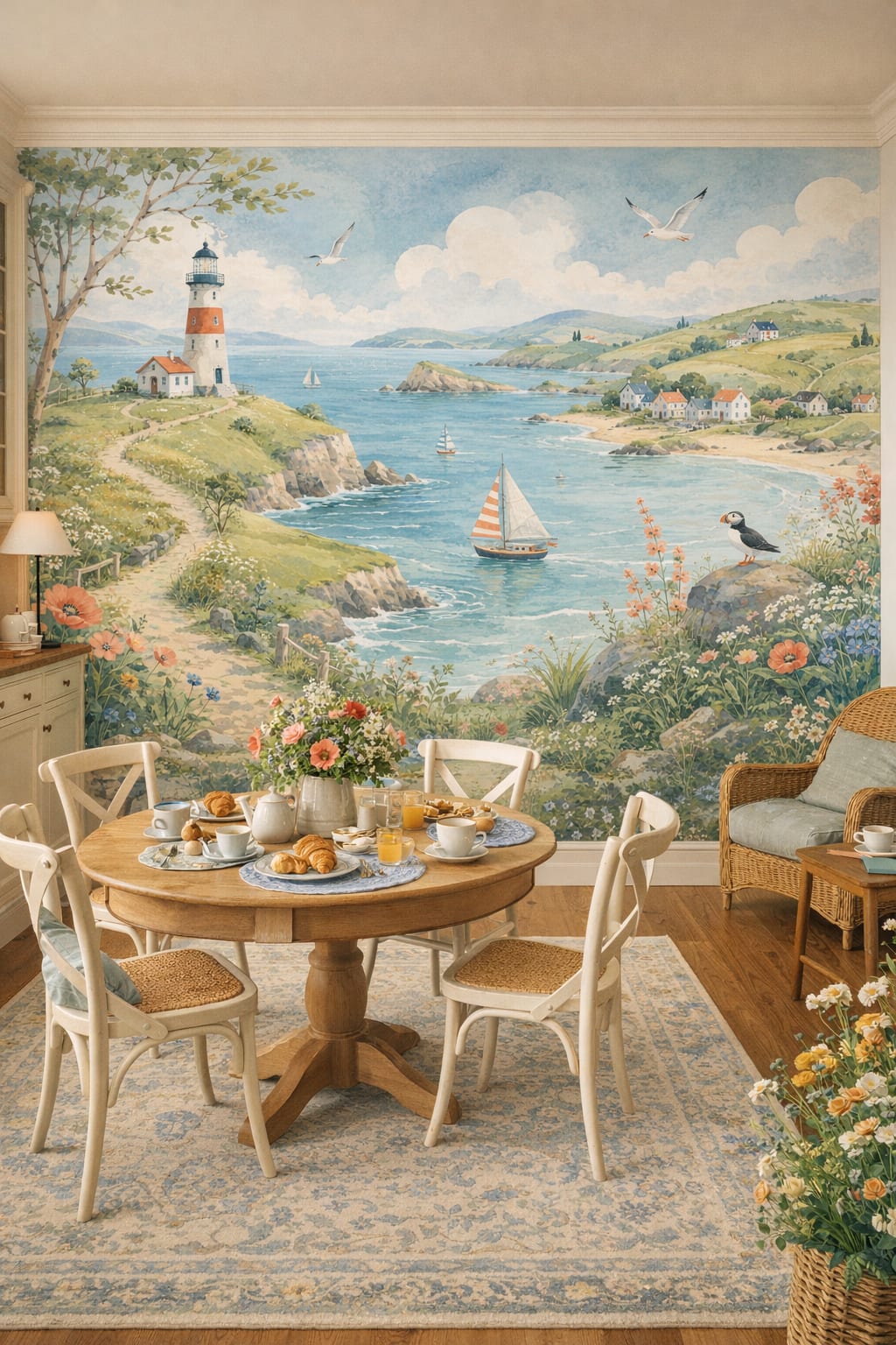 Green cream English Cottage lighthouse featuring coastal village - Wall Mural Peel and Stick Wallpaper for English Cottage Breakfast Room.