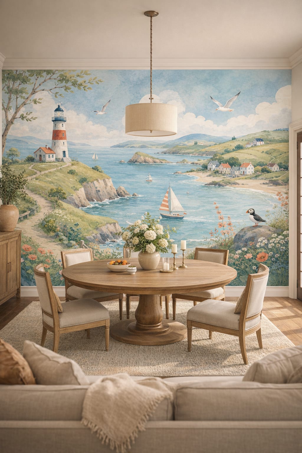 Mediterranean white-blue lighthouse featuring coastal village - Wall Mural Peel and Stick Wallpaper for Mediterranean Formal Dining Room.