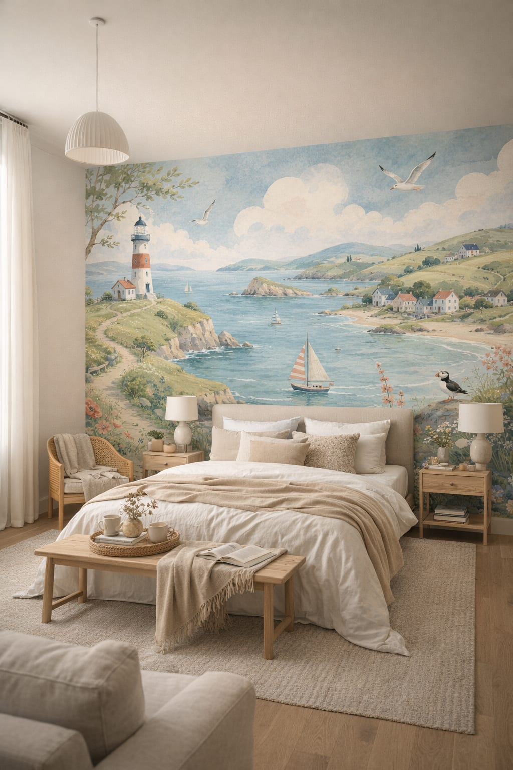 Scandinavian white-gray lighthouse featuring coastal village - Wall Mural Peel and Stick Wallpaper for Scandinavian Master Bedroom.