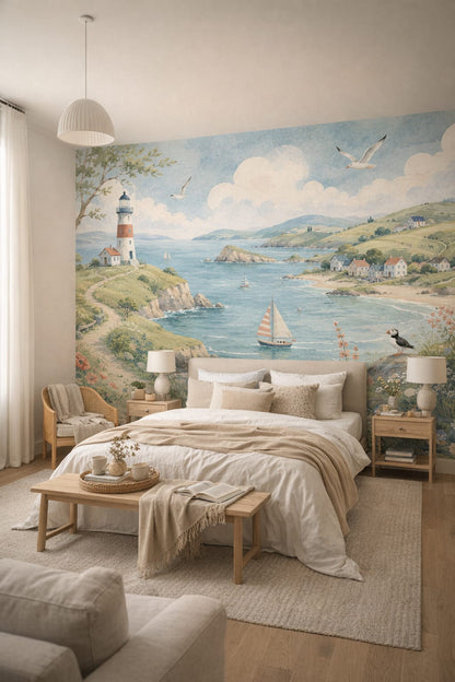 Scandinavian white-gray lighthouse featuring coastal village - Wall Mural Peel and Stick Wallpaper for Scandinavian Master Bedroom.