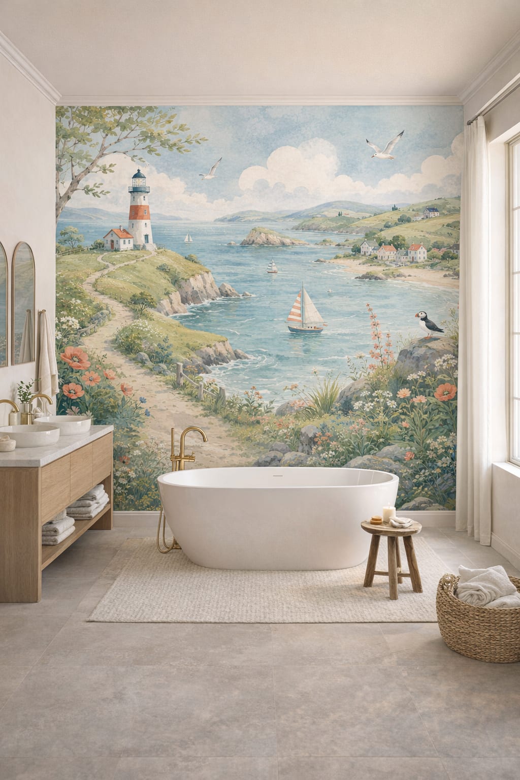 Organic Modern cream lighthouse featuring coastal village - Wall Mural Peel and Stick Wallpaper for Organic Modern Luxury Bathroom.