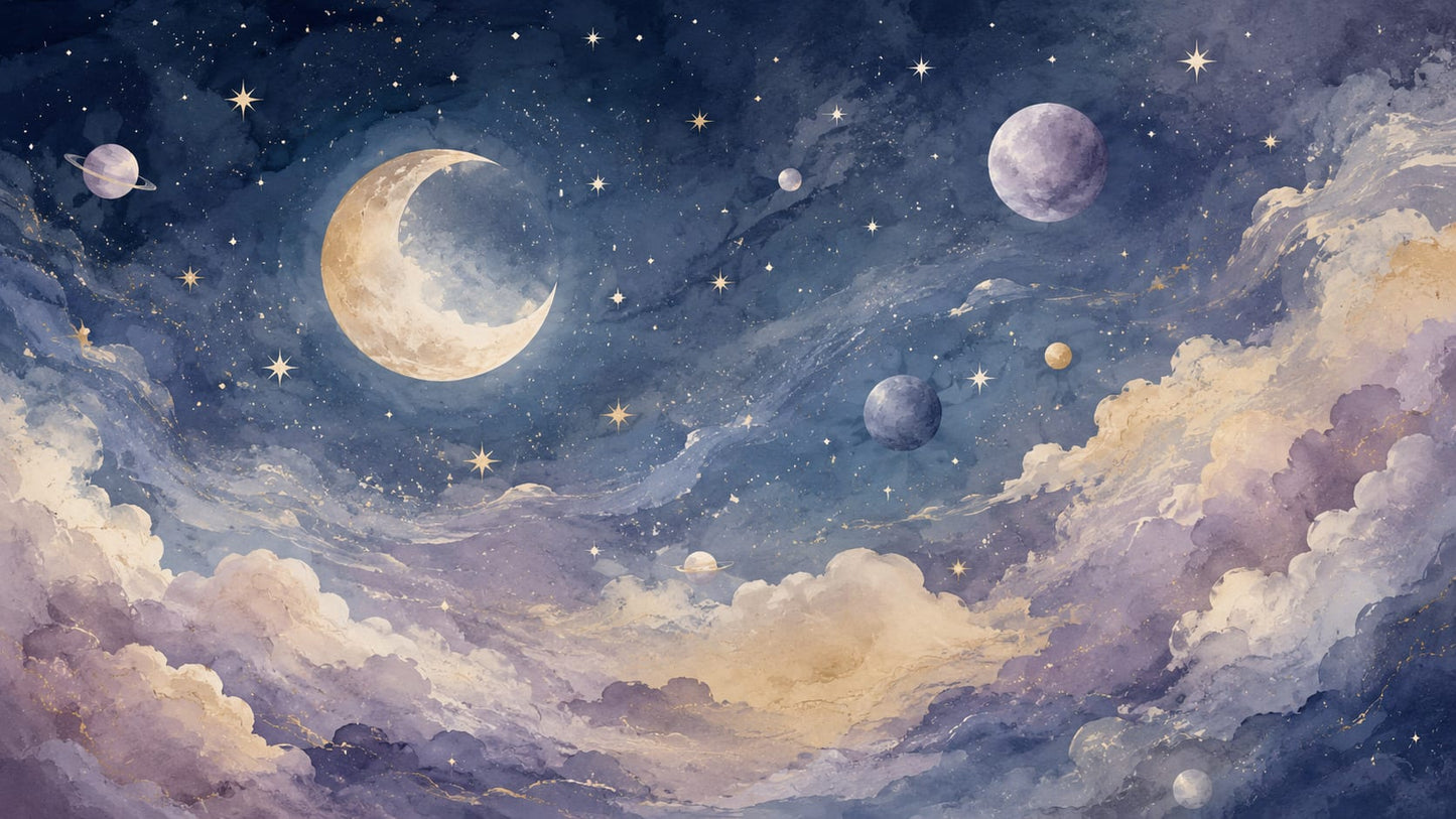 Dreamy ethereal Navy celestial sky featuring crescent moon, planets, and clouds - Wall Mural & Peel and Stick Wallpaper for Watercolor Nursery or Kids Room