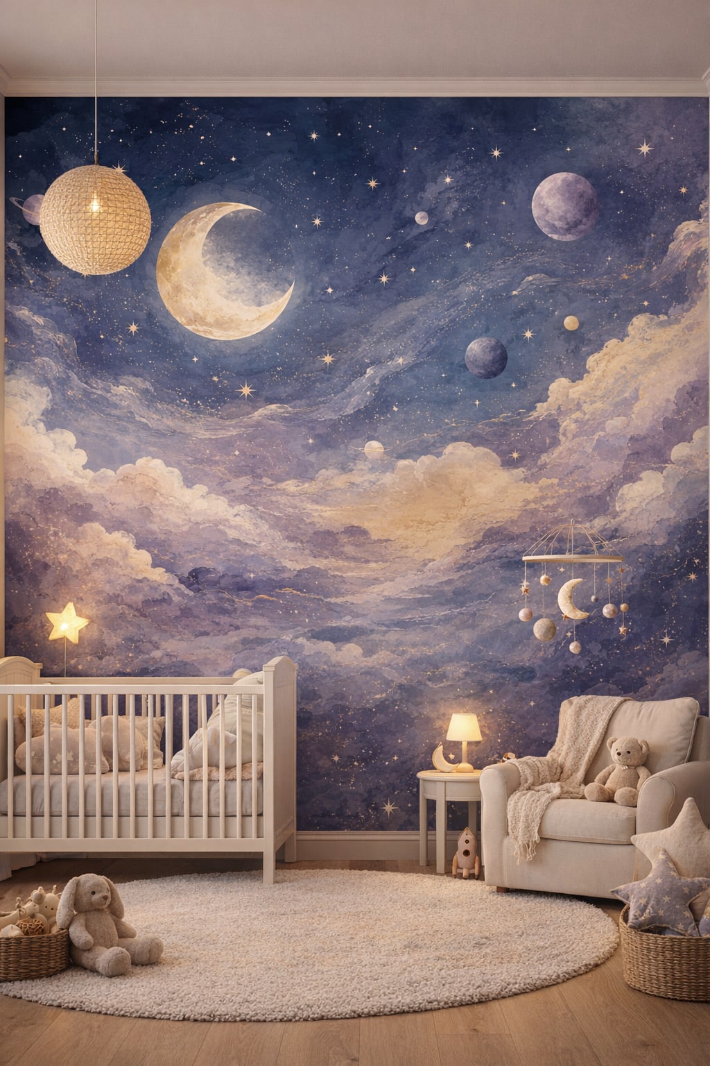Celestial Navy celestial sky featuring crescent moon - Wall Mural Peel and Stick Wallpaper for Outer Space / Celestial Nursery.