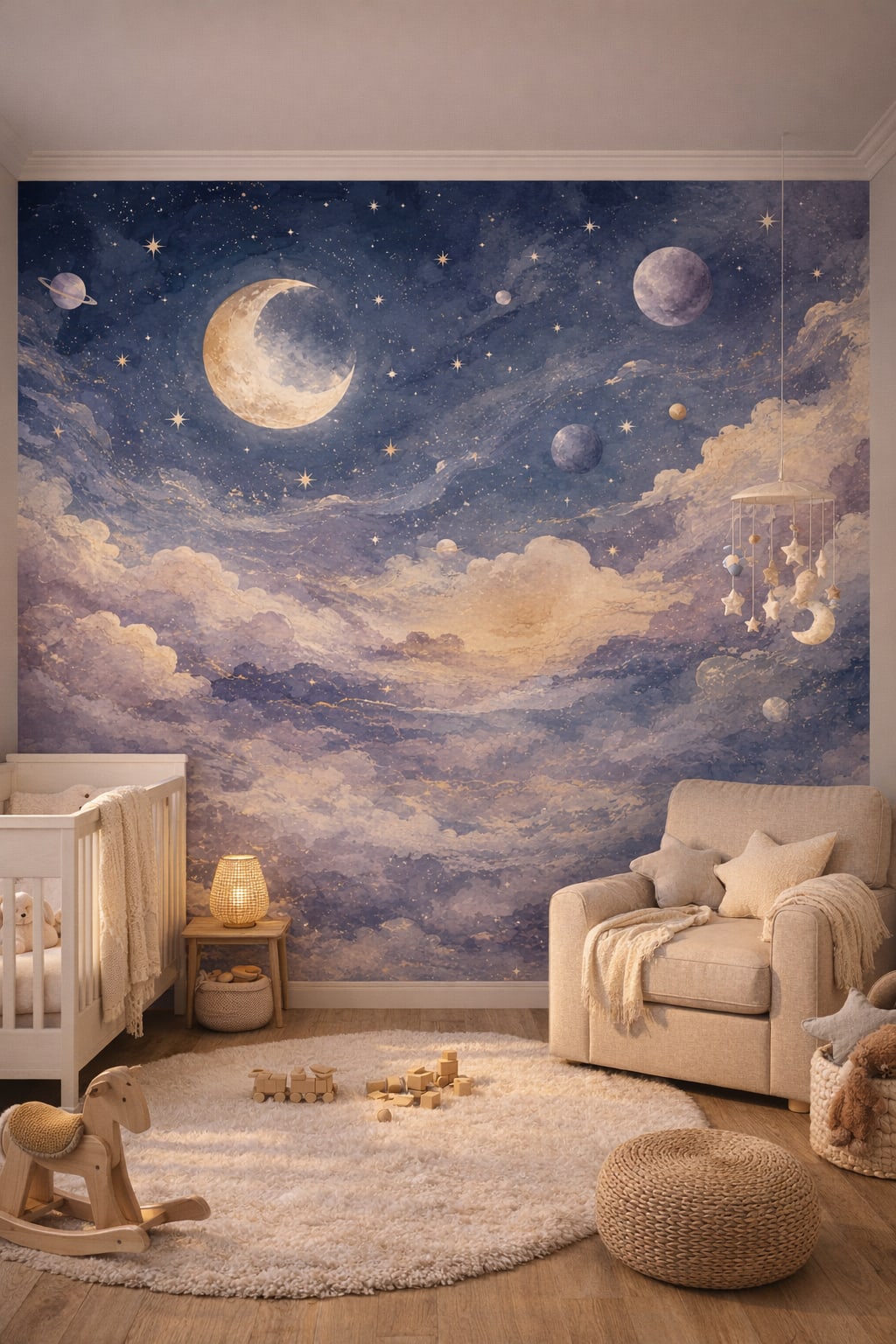 Scandi Light Gray celestial sky featuring clouds - Wall Mural Peel and Stick Wallpaper for Scandi Kids Nursery.
