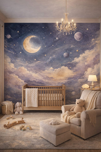 Storybook Cream celestial sky featuring crescent moon - Wall Mural Peel and Stick Wallpaper for Classic Storybook Nursery.