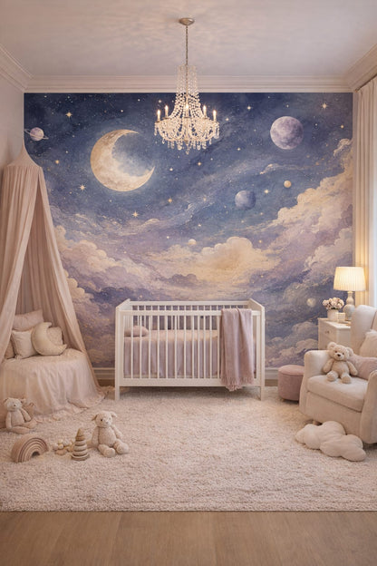 Cream Glam celestial sky featuring planets - Wall Mural Peel and Stick Wallpaper for Pastel Glam Nursery Nursery.