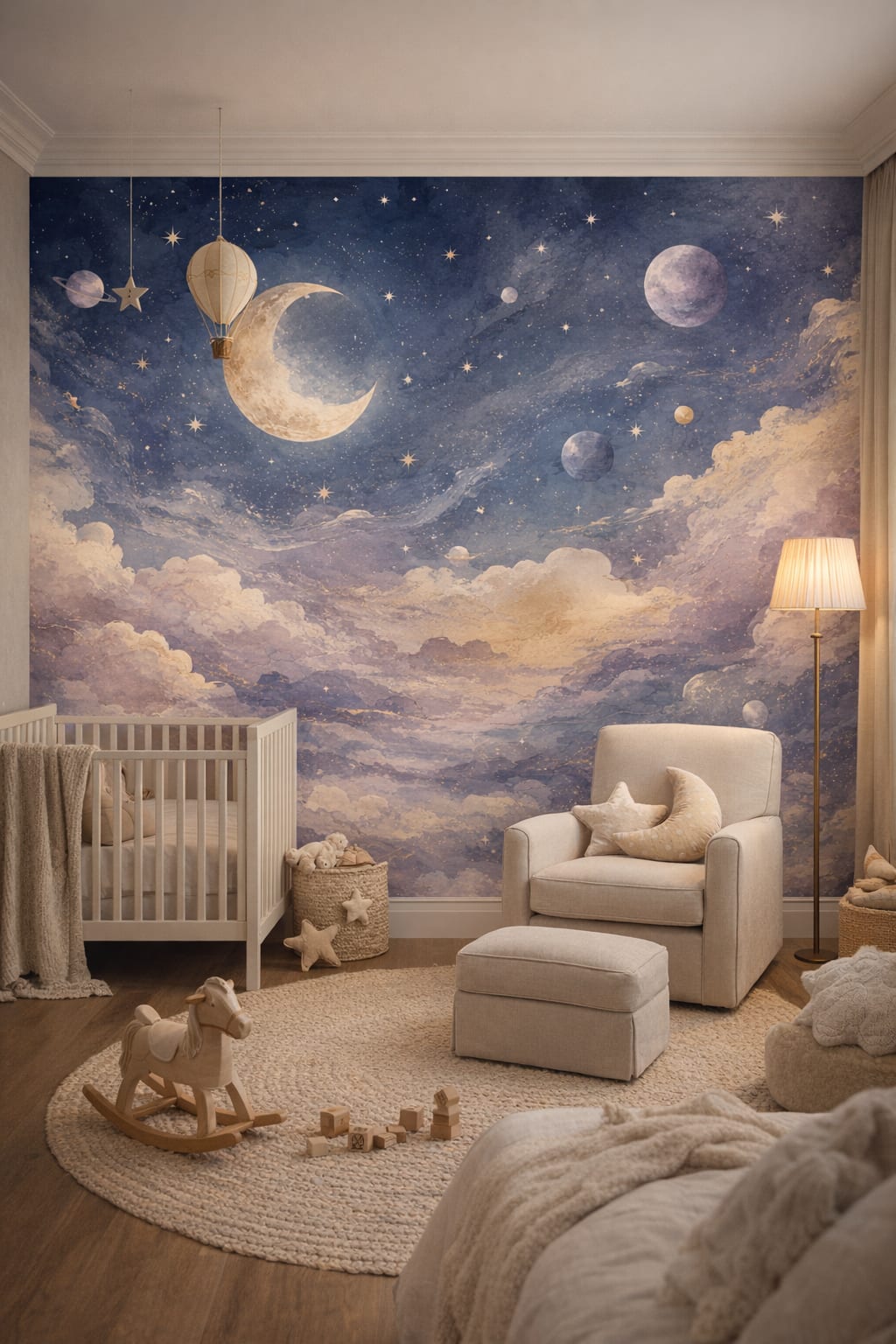 Greige refined celestial sky featuring crescent moon - Wall Mural Peel and Stick Wallpaper for Quiet Luxury Nursery.