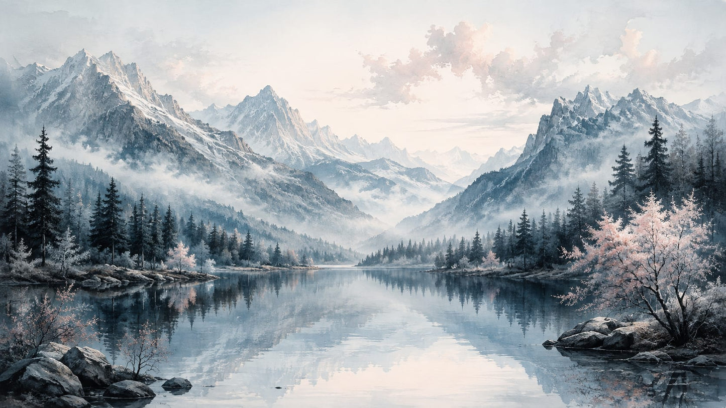 Serene painterly Misty Blue mountain landscape featuring alpine lake and pine forest - Wall Mural & Peel and Stick Wallpaper for Painterly Interiors and Premium Home Styling.