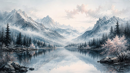 Serene painterly Misty Blue mountain landscape featuring alpine lake and pine forest - Wall Mural & Peel and Stick Wallpaper for Painterly Interiors and Premium Home Styling.