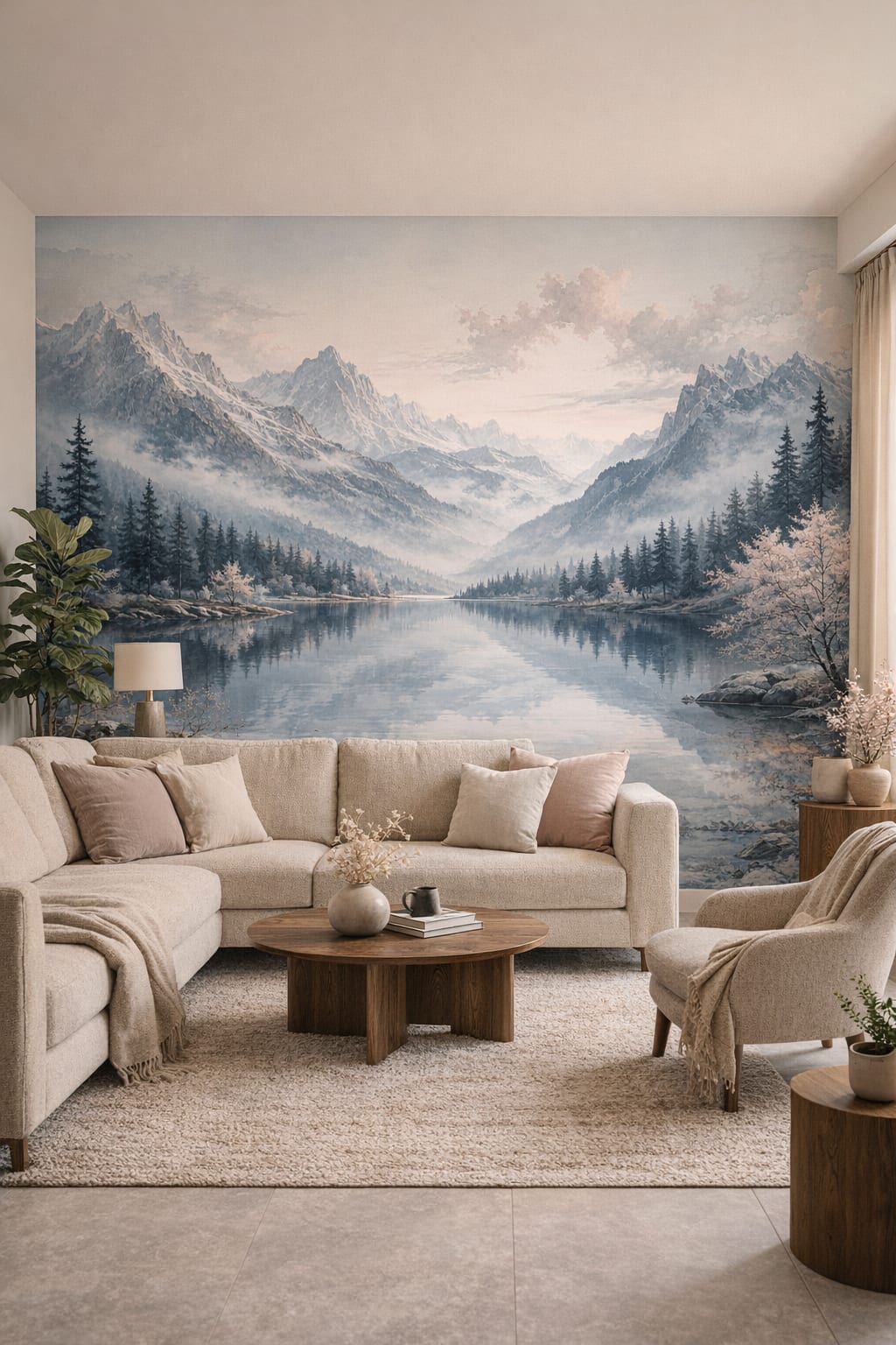 Organic Modern cream mountain landscape featuring alpine lake - Wall Mural Peel and Stick Wallpaper for Organic Modern Living Room.
