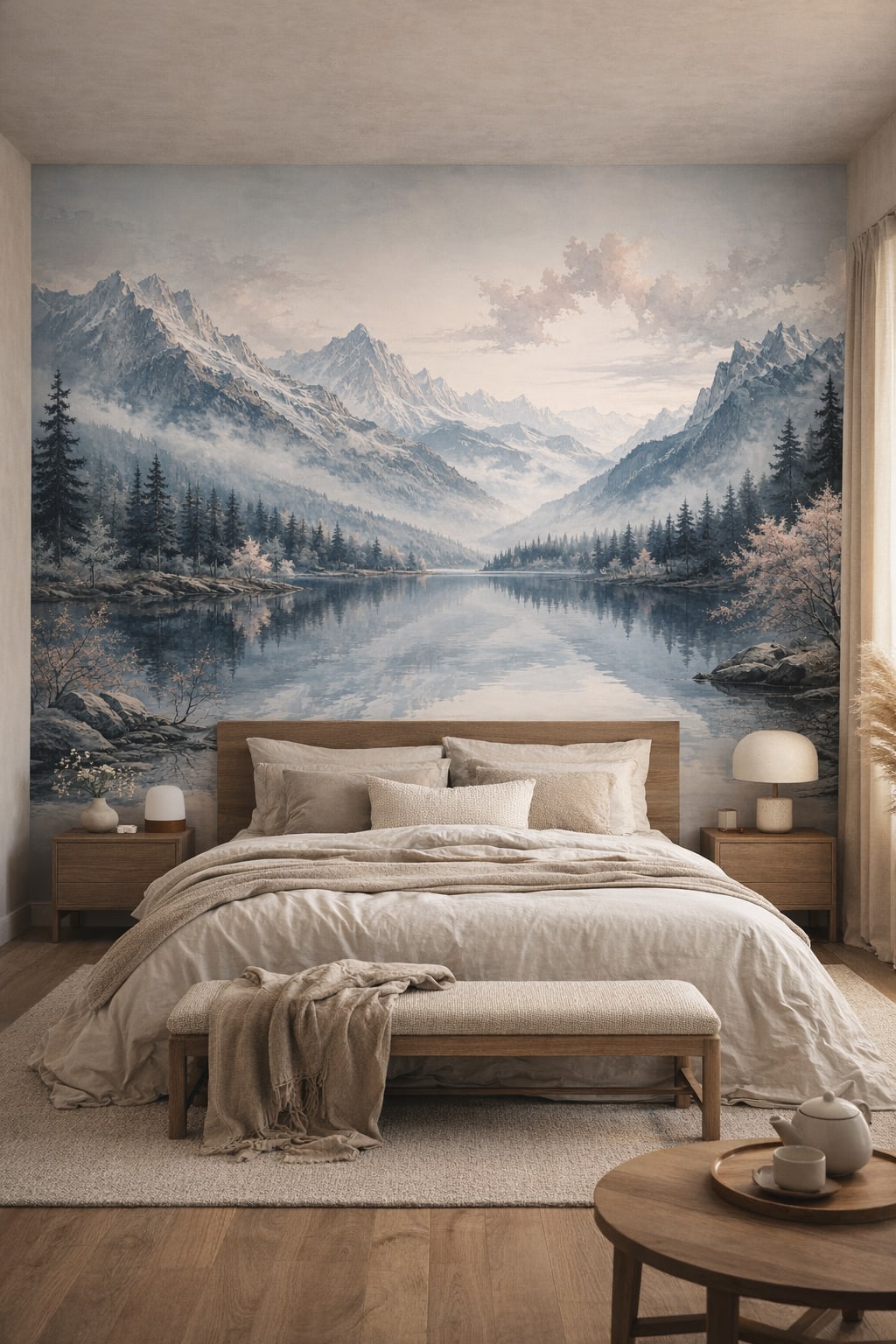 Japandi sand-toned mountain landscape featuring alpine lake - Wall Mural Peel and Stick Wallpaper for Japandi Master Bedroom.