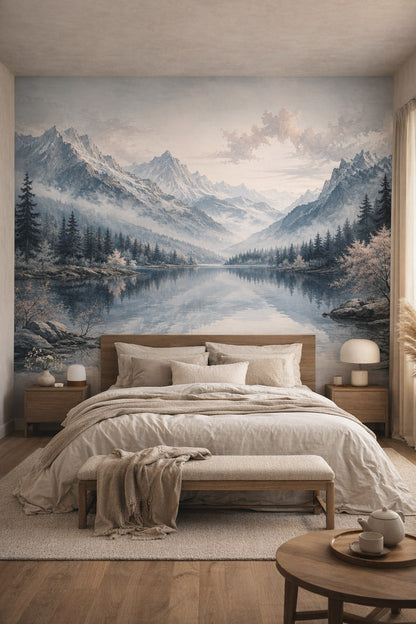 Japandi sand-toned mountain landscape featuring alpine lake - Wall Mural Peel and Stick Wallpaper for Japandi Master Bedroom.