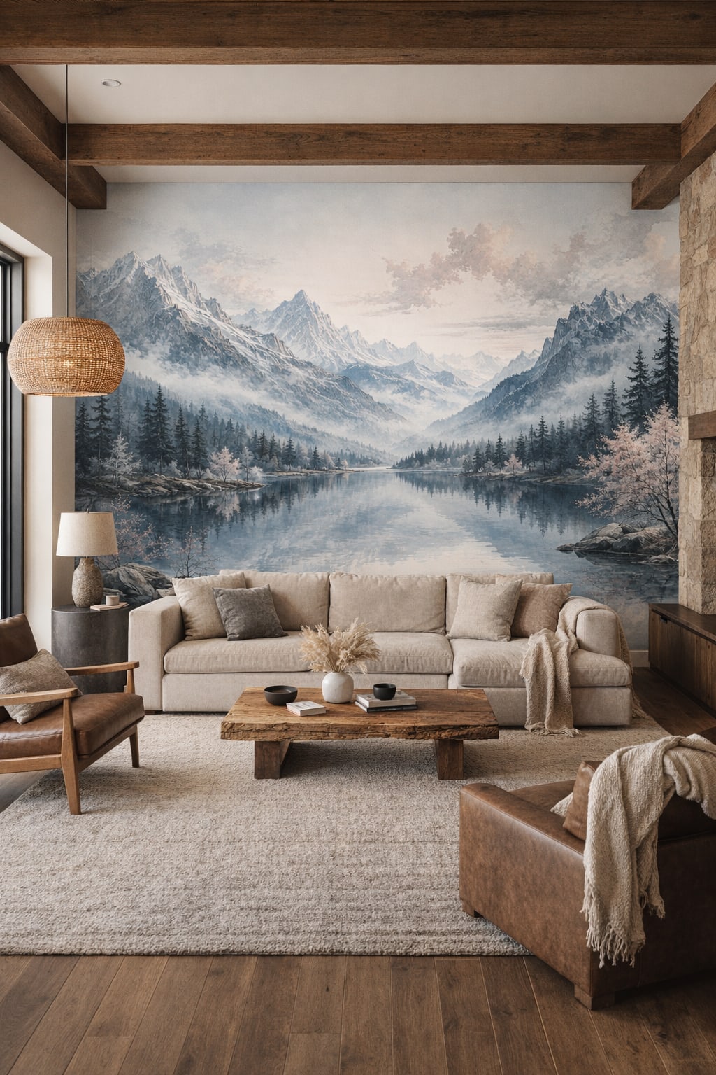 Rustic Modern Sand mountain landscape featuring alpine lake - Wall Mural Peel and Stick Wallpaper for Rustic Modern Great Room.