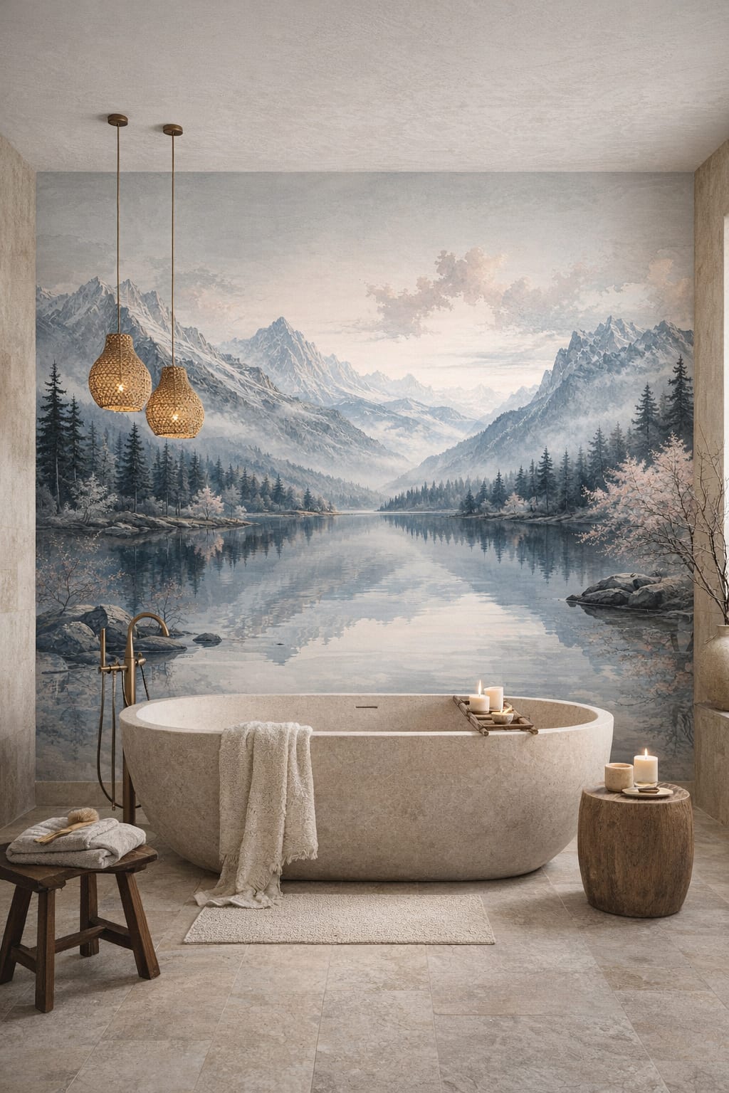 Wabi-sabi muted-earth mountain landscape featuring alpine lake - Wall Mural Peel and Stick Wallpaper for Wabi-sabi Luxury Bathroom.