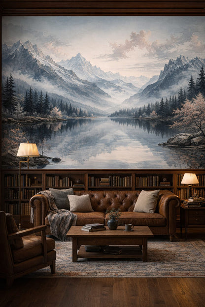 Rustic brown mountain landscape featuring alpine lake - Wall Mural Peel and Stick Wallpaper for Cabin / Lodge Home Library.