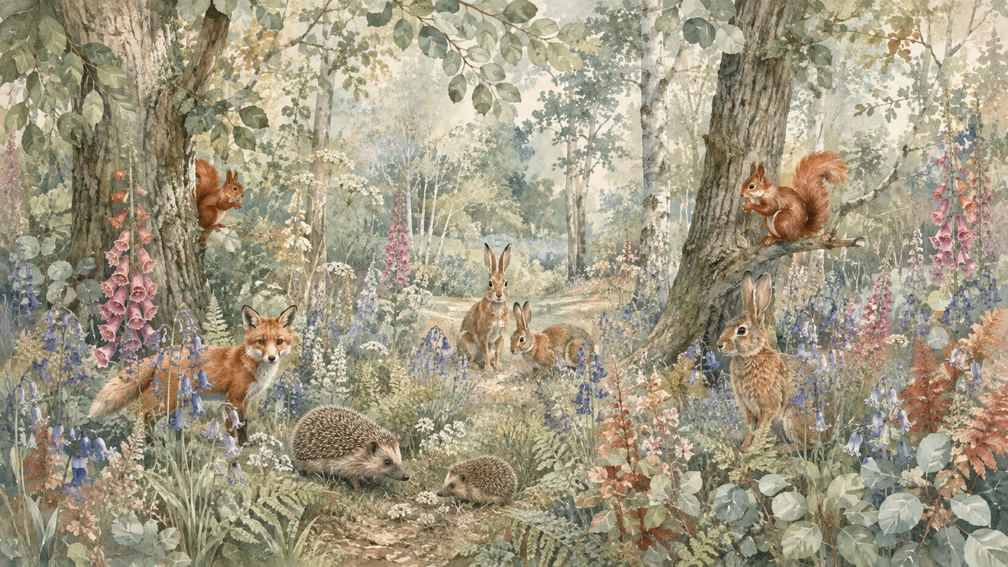 Whimsical Watercolor Sage Green Woodland Animals featuring Wildflowers and Forest Trees - Wall Mural & Peel and Stick Wallpaper for Whimsical Nursery or Kids Room