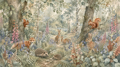 Whimsical Watercolor Sage Green Woodland Animals featuring Wildflowers and Forest Trees - Wall Mural & Peel and Stick Wallpaper for Whimsical Nursery or Kids Room