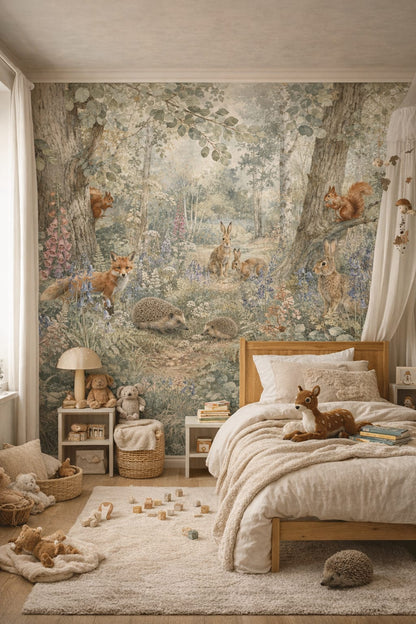 Woodland cream woodland animals featuring wildflowers - Wall Mural Peel and Stick Wallpaper for Woodland / Forest Kids Bedroom.